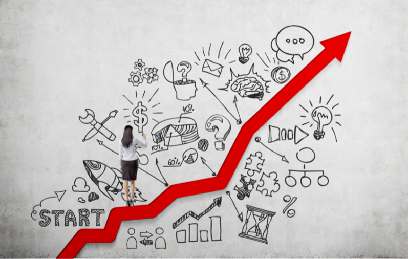 arrow pointing up with illustrated ideas surrounding
