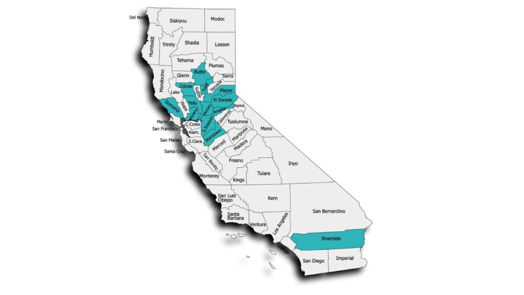 Map of California showing the counties. Highlighted in teal are the counties CRH has impacted